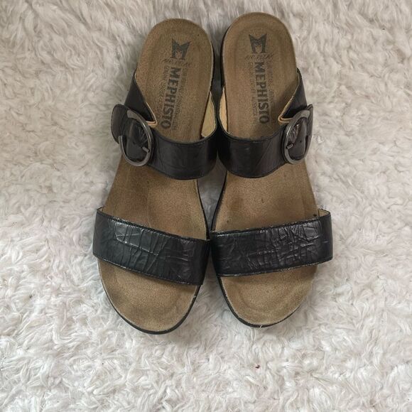 Mephisto leather Black crinkle wedge straps sandals silver tone buckle EURSZ39 - Picture 1 of 10
